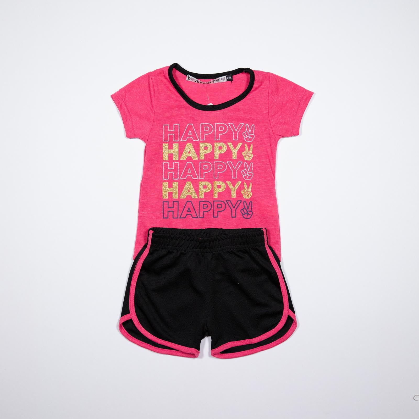 Conjunto de niña Blusa con Palabra Happy y Shorts con Rayas 12-24 meses