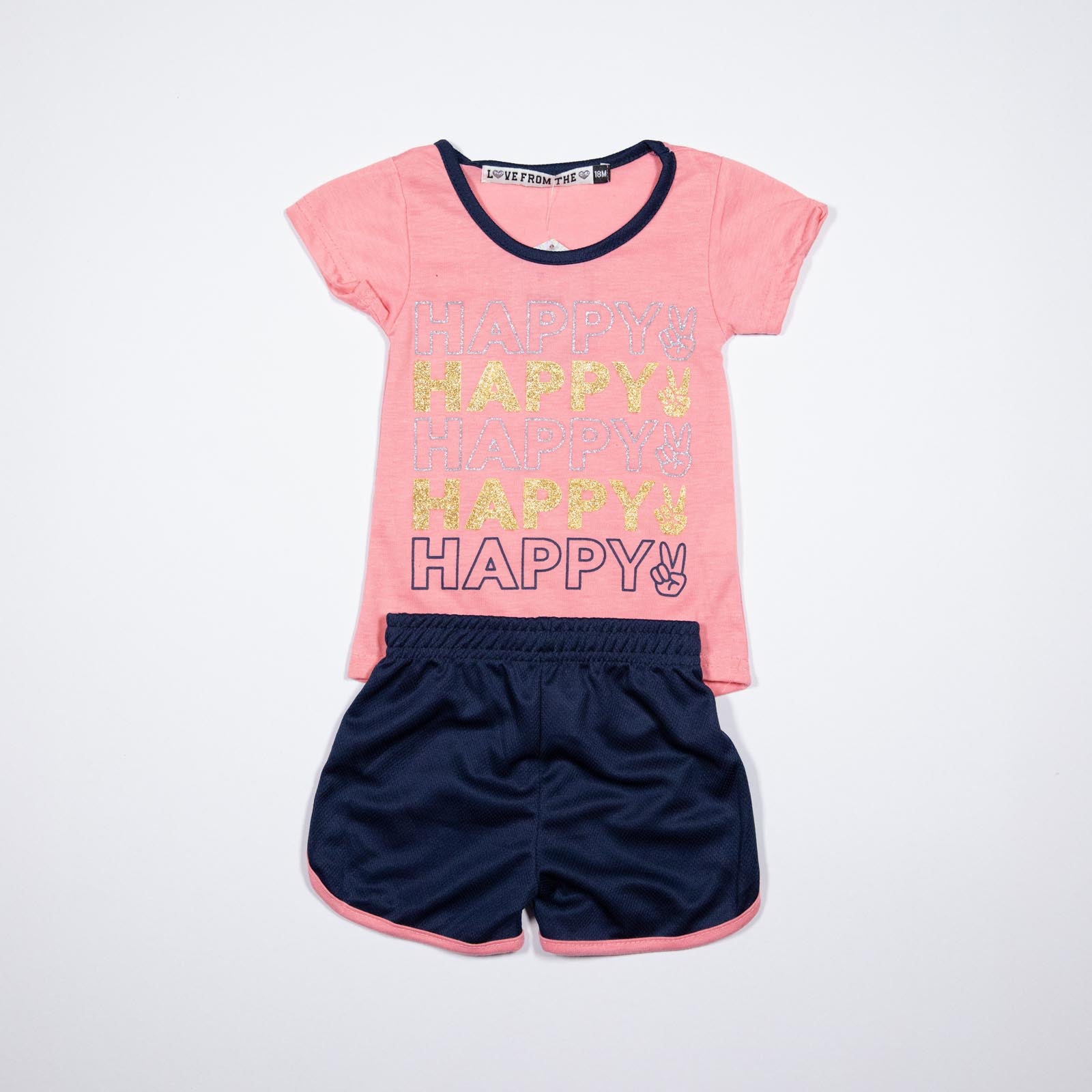 Conjunto de niña Blusa con Palabra Happy y Shorts con Rayas 12-24 meses