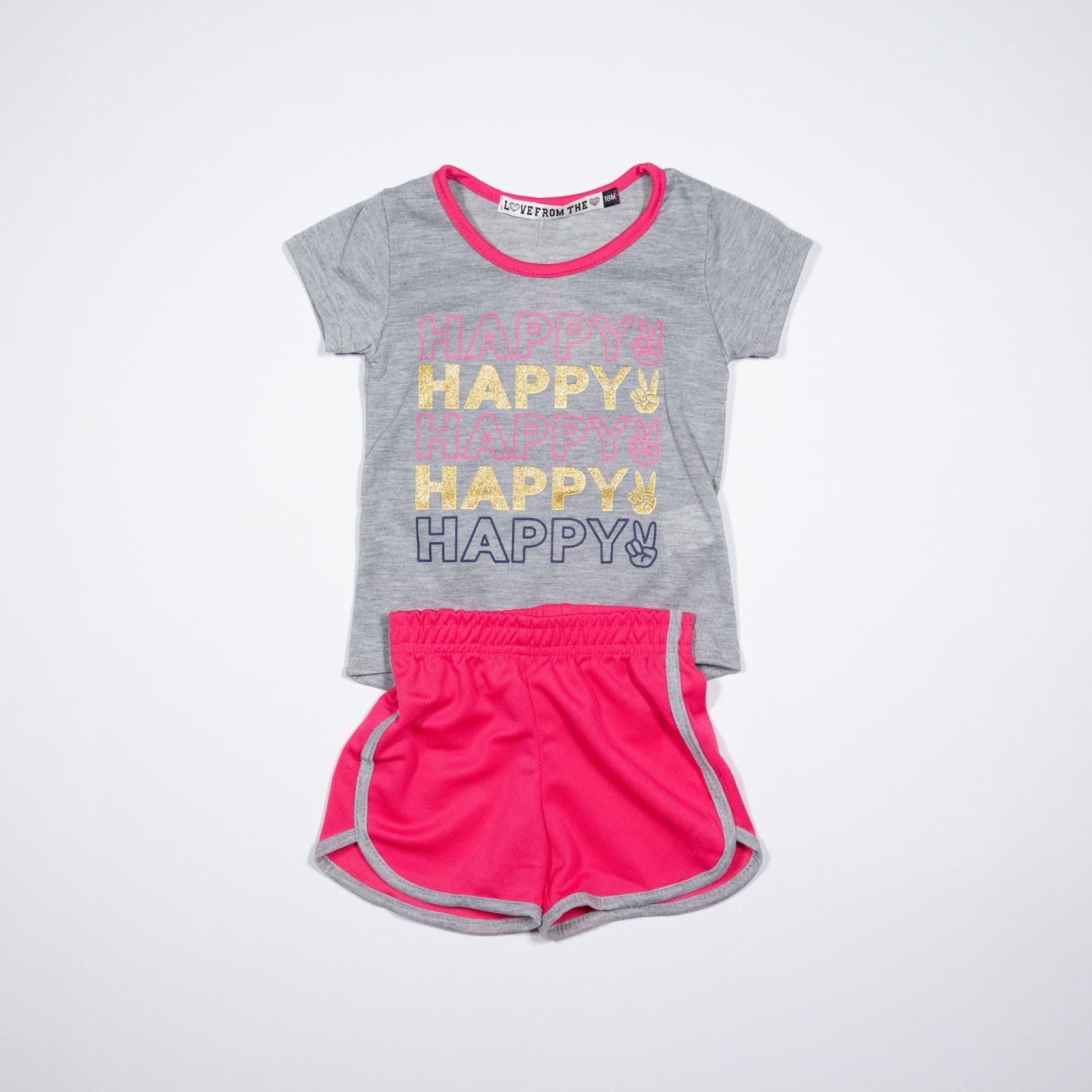 Conjunto de niña Blusa con Palabra Happy y Shorts con Rayas 12-24 meses