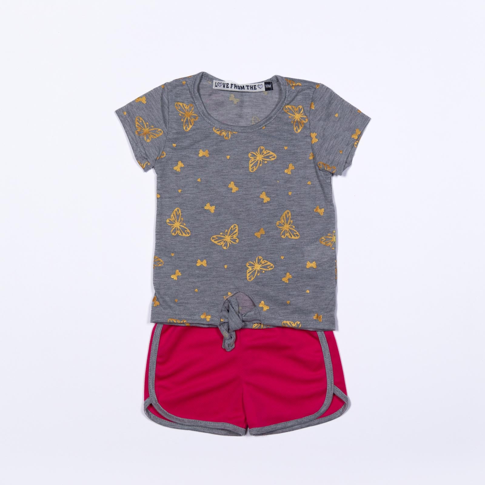 Conjunto de niña con Diseño de Mariposas y Shorts con Rayas Lateral- 12-24 meses