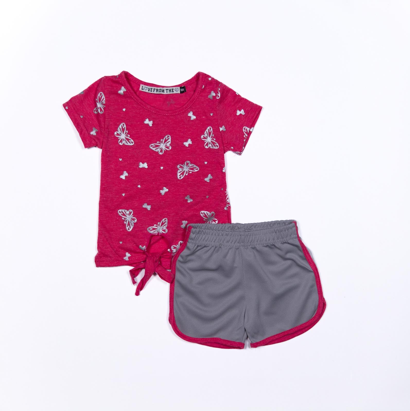 Conjunto de niña con Diseño de Mariposas y Shorts con Rayas Lateral- 12-24 meses