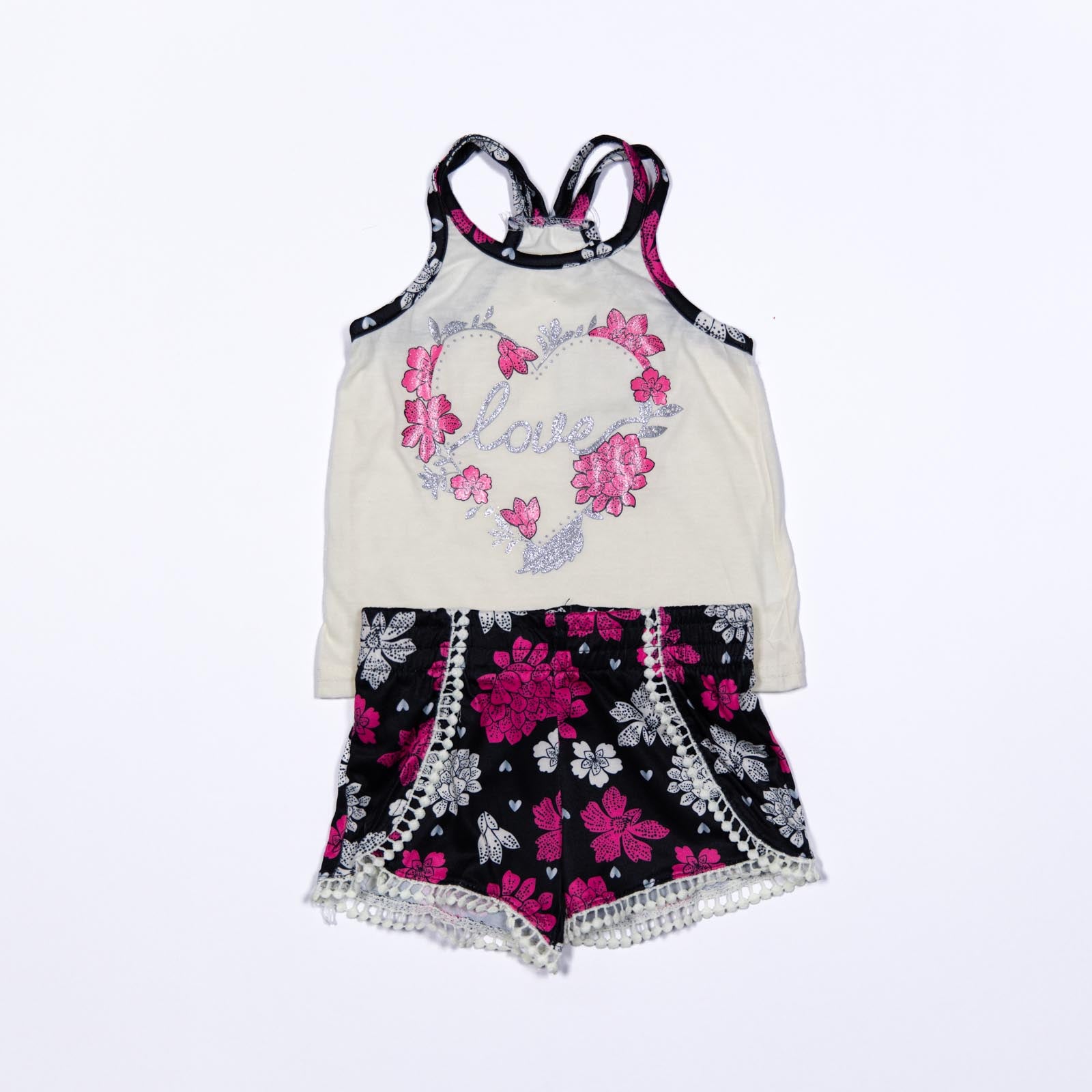 Conjunto de Blusa con Corazón Floral y Shorts de Flores para Niñas 12-24 meses