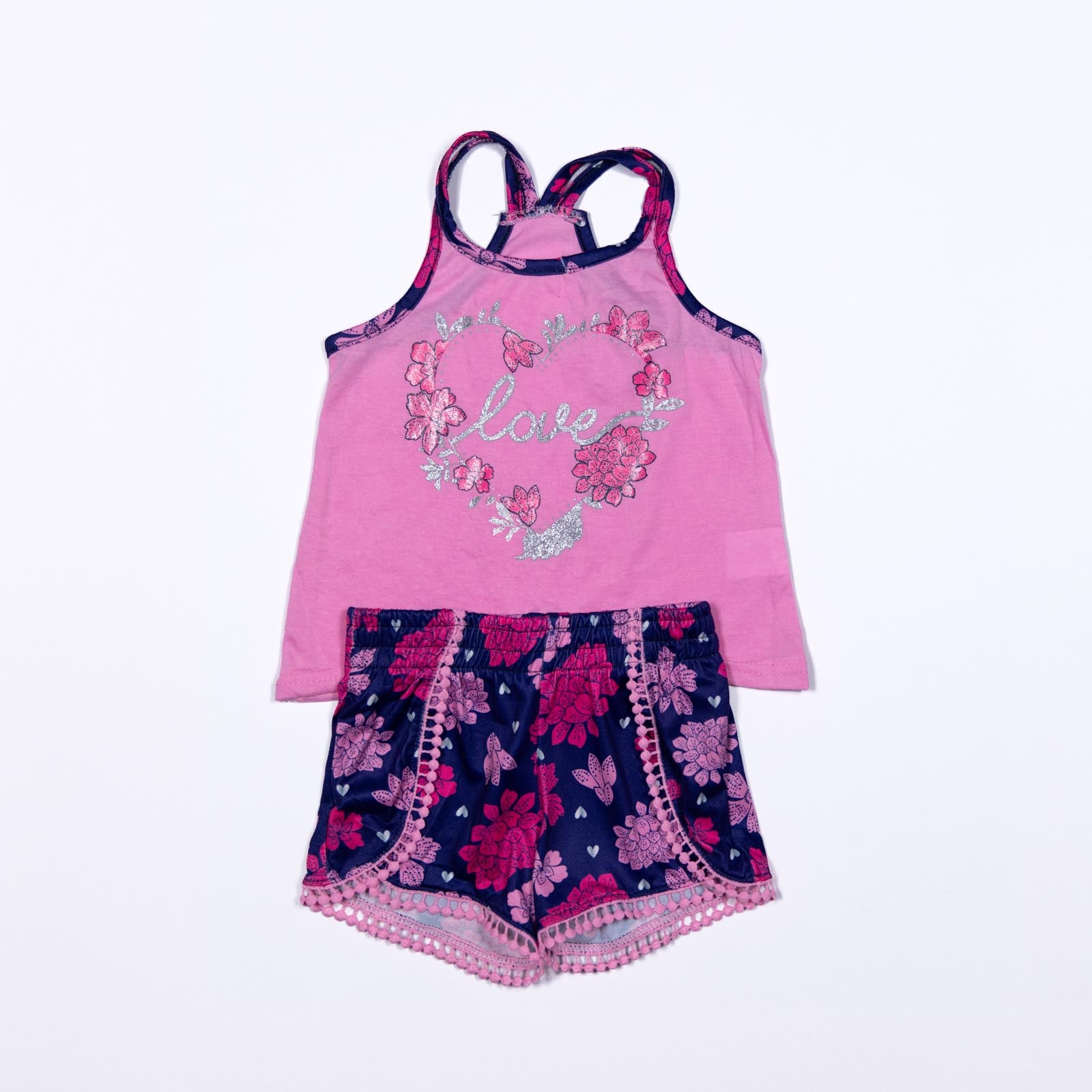 Conjunto de Blusa con Corazón Floral y Shorts de Flores para Niñas 12-24 meses