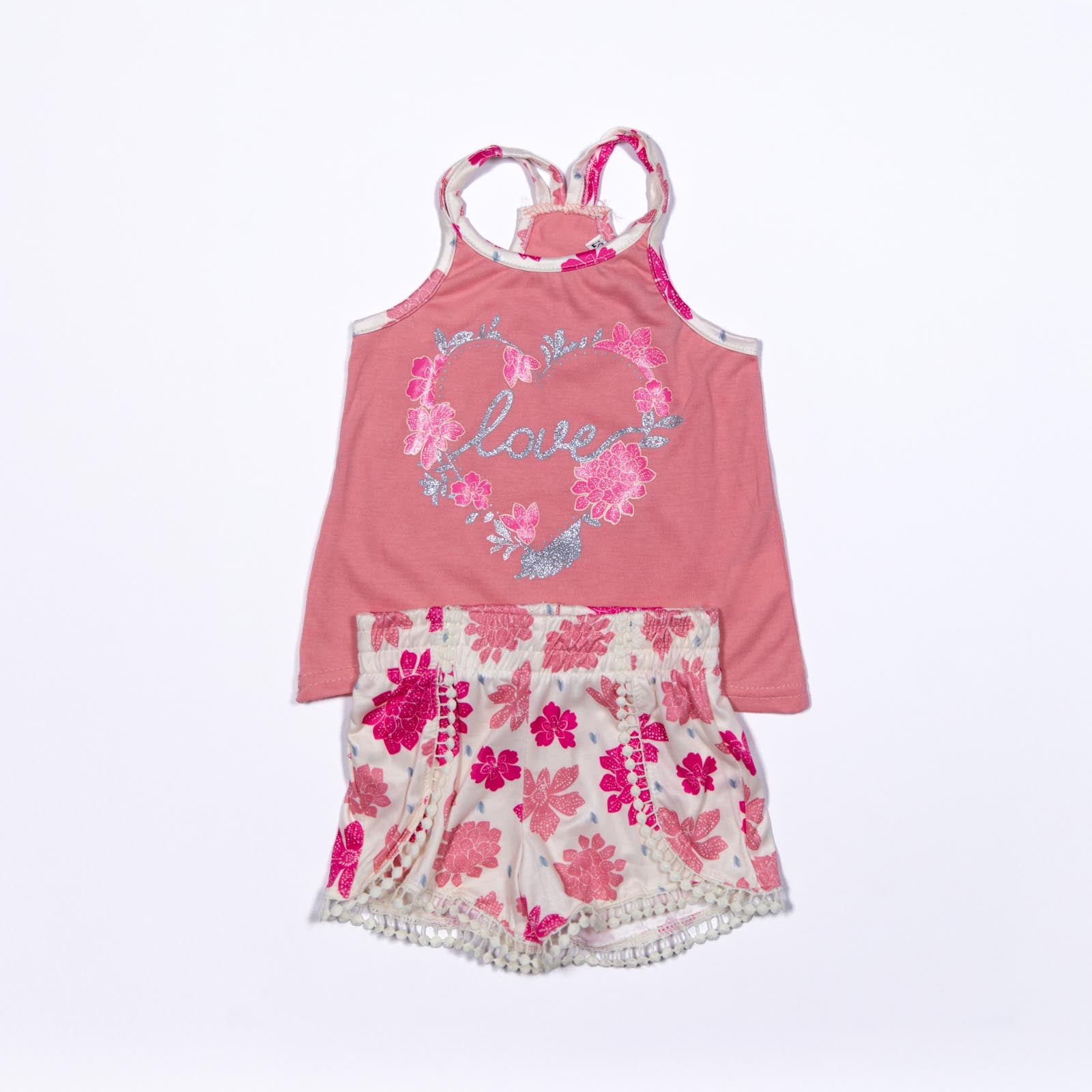 Conjunto de Blusa con Corazón Floral y Shorts de Flores para Niñas 12-24 meses