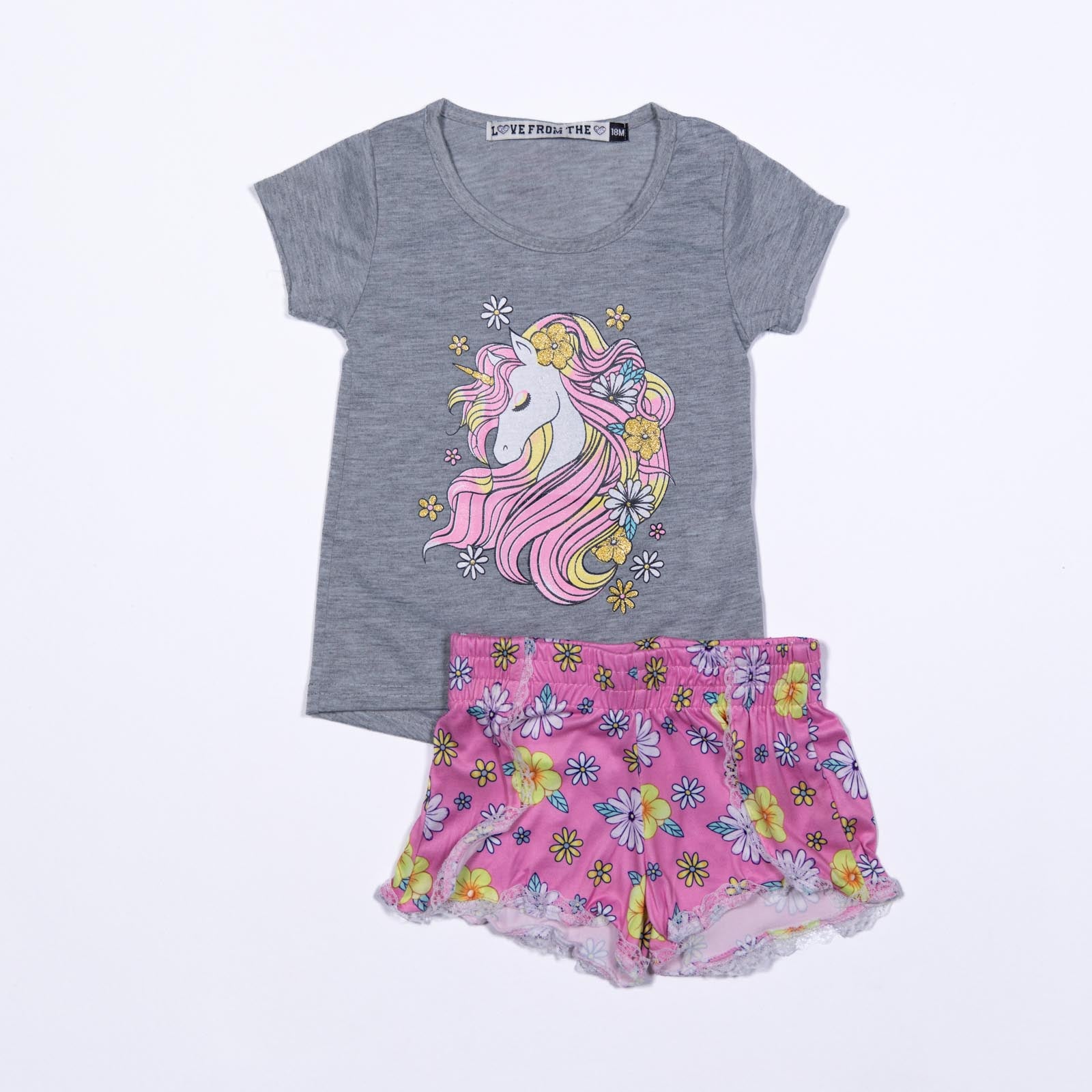 Conjunto de niña con Unicornio y Shorts con Estampado Floral para Niñas 12-24 meses