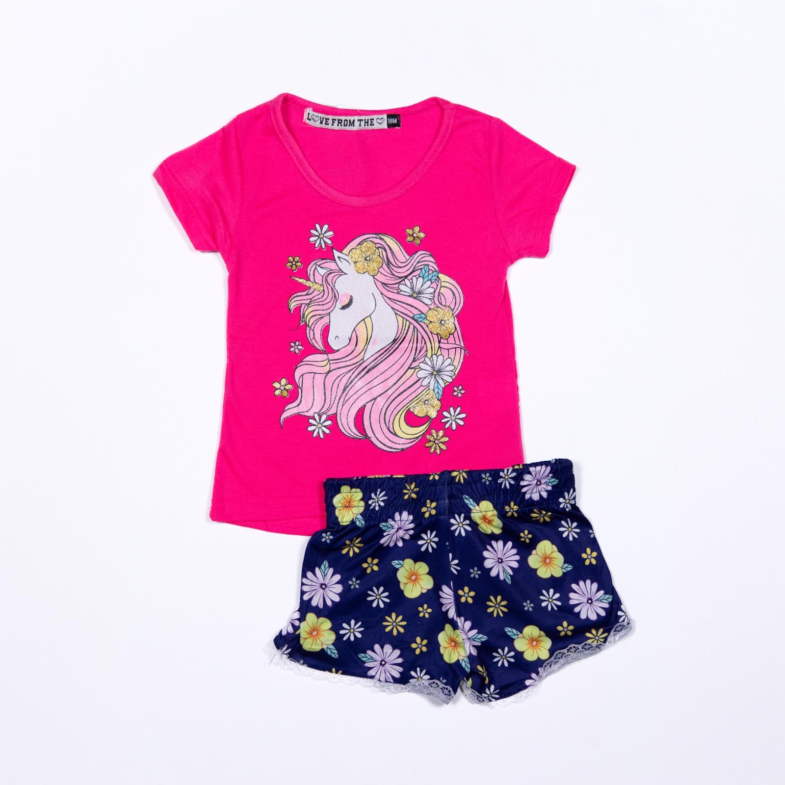 Conjunto de niña con Unicornio y Shorts con Estampado Floral para Niñas 12-24 meses