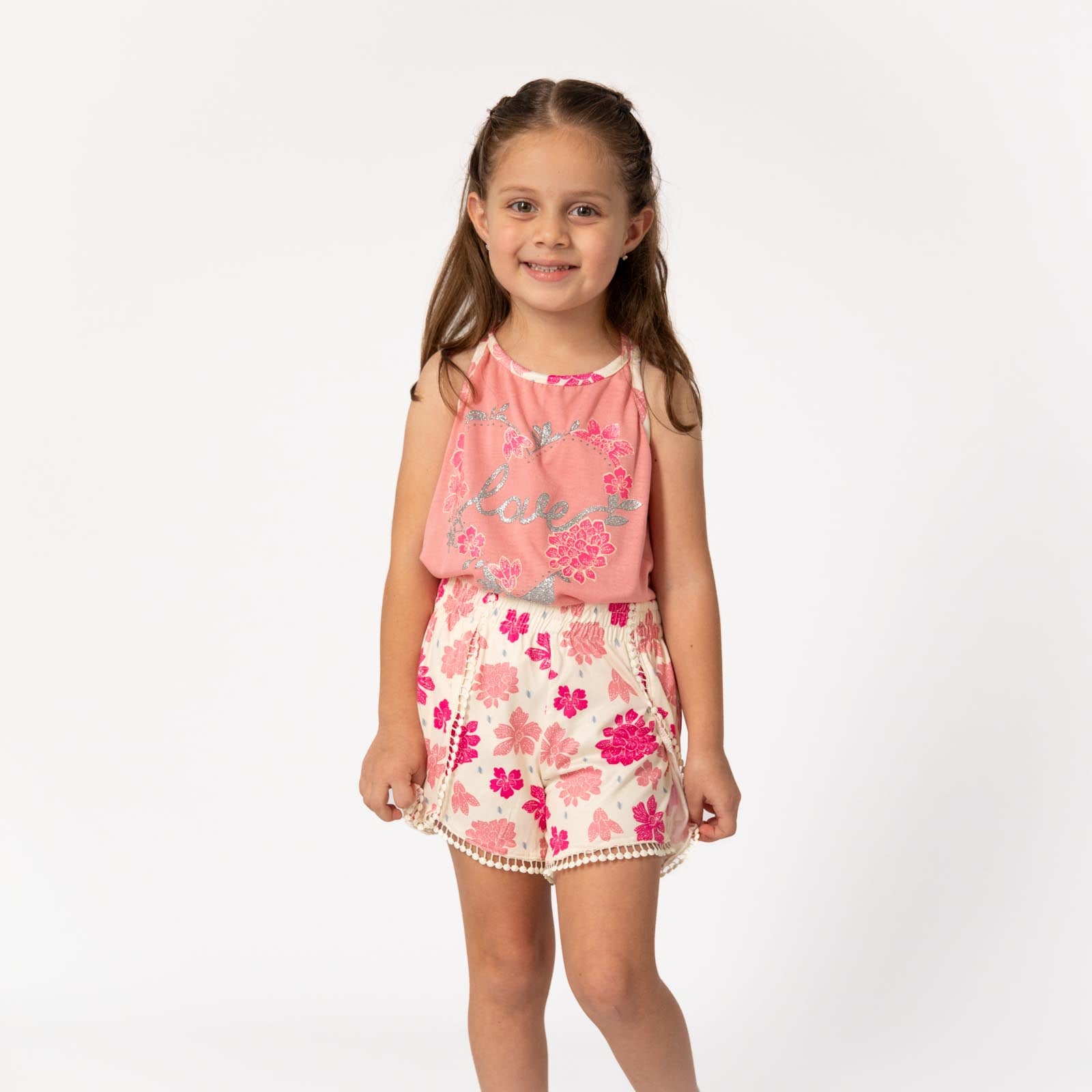 Conjunto de Blusa con Corazón Floral y Shorts de Flores para Niñas 2-10/12 años