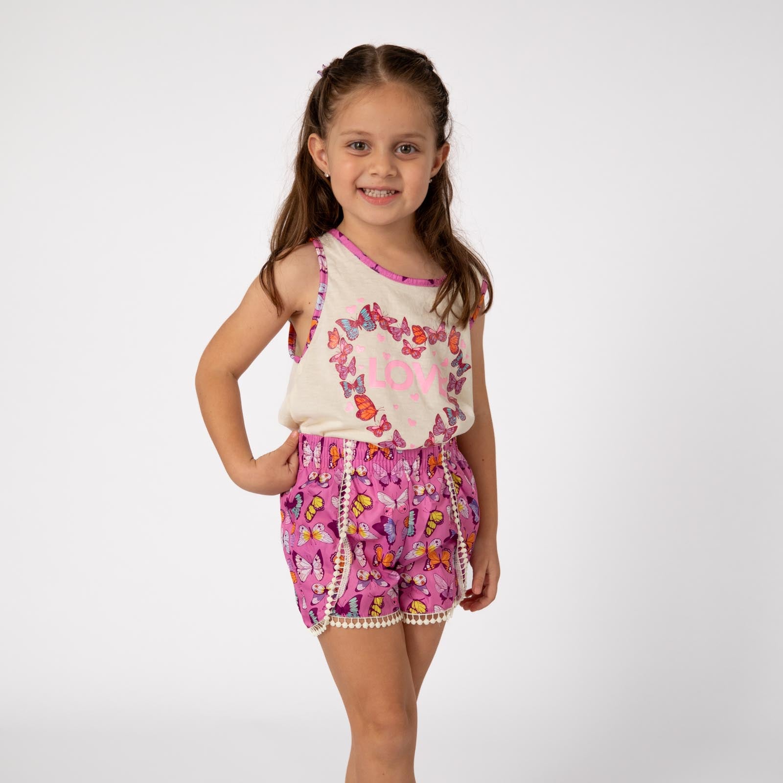 Conjunto de Blusa con Corazón Floral y Shorts de Mariposas para Niñas 2-10/12 años